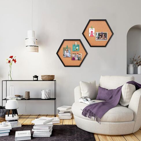 EVNEED 4 Pack Cork Bulletin Board Hexagon, Small Framed Corkboard Tiles for Wall, Thick Decorative Display Boards for Home School Office Decor, Hex Cork Board with 16 Push Pin Wood Clips,Black in Saudi Arabia
