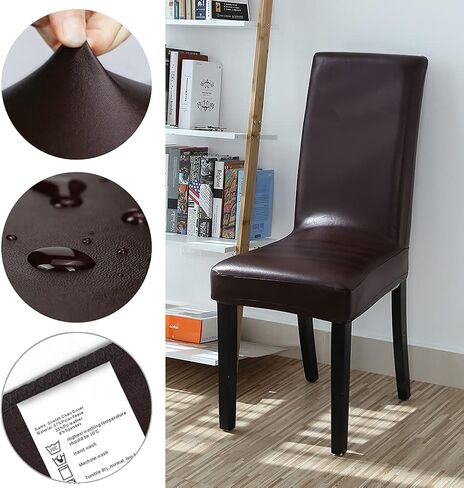 Dining Chair Covers, PU Leather Chair Slipcover Solid Waterproof and Oilproof Stretch Dining Chair Protector Cover (4 Sets, Deep Coffee) in Saudi Arabia