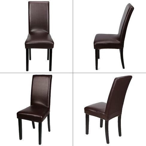 Dining Chair Covers, PU Leather Chair Slipcover Solid Waterproof and Oilproof Stretch Dining Chair Protector Cover (4 Sets, Deep Coffee) in Saudi Arabia