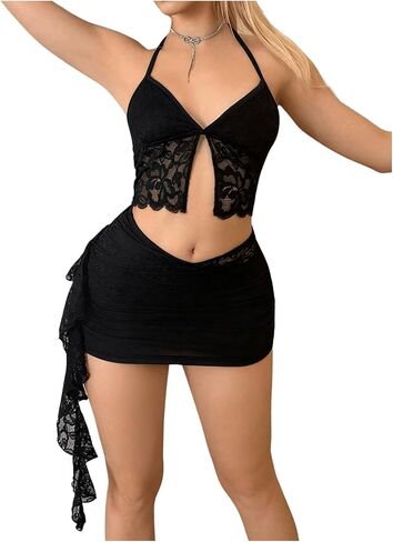 GORGLITTER Women's Skirt Sets 2 Piece Outfits Lace Asymmetrical Halter Crop Top and Bodycon Mini Skirt in Saudi Arabia