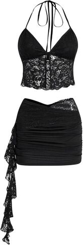 GORGLITTER Women's Skirt Sets 2 Piece Outfits Lace Asymmetrical Halter Crop Top and Bodycon Mini Skirt in Saudi Arabia