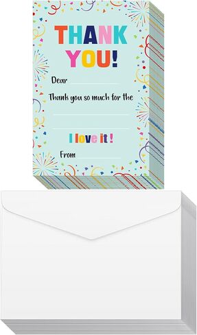 72 Pieces Kids Thank You Cards Fill in the Blank Thank You Notes with Envelopes Colorful Thanks Cards for Birthday Party(Confetti Style) in Saudi Arabia