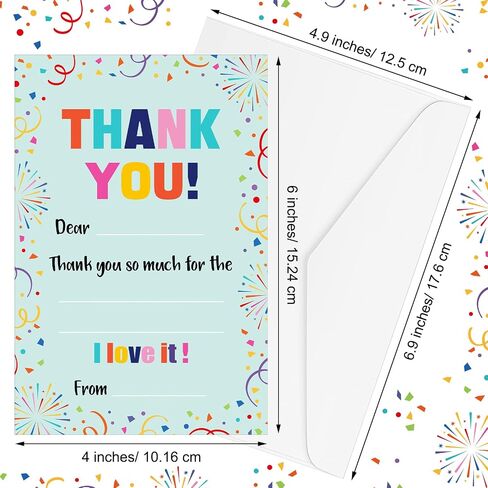 72 Pieces Kids Thank You Cards Fill in the Blank Thank You Notes with Envelopes Colorful Thanks Cards for Birthday Party(Confetti Style) in Saudi Arabia