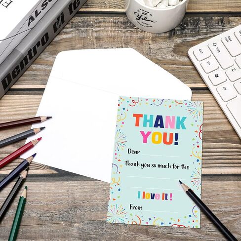72 Pieces Kids Thank You Cards Fill in the Blank Thank You Notes with Envelopes Colorful Thanks Cards for Birthday Party(Confetti Style) in Saudi Arabia
