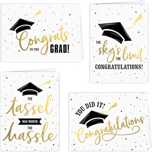 Graduation Cards / 12 Black And Matte Gold Cards With White Envelopes / 4 Black And Faux Gold Graduate Designs / 4 5/8" x 6 1/4" Congrats Grad Greeting Cards/Made In The USA in Kuwait