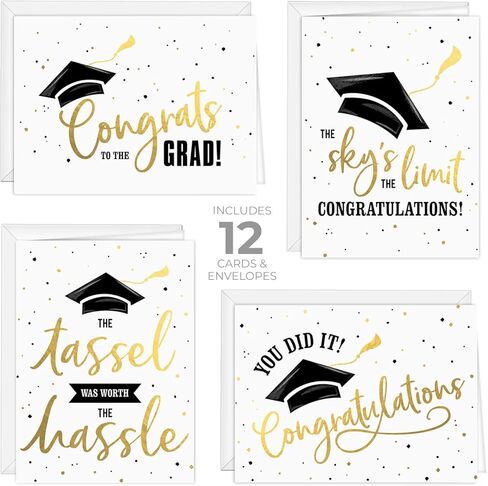 Graduation Cards / 12 Black And Matte Gold Cards With White Envelopes / 4 Black And Faux Gold Graduate Designs / 4 5/8" x 6 1/4" Congrats Grad Greeting Cards/Made In The USA in Kuwait