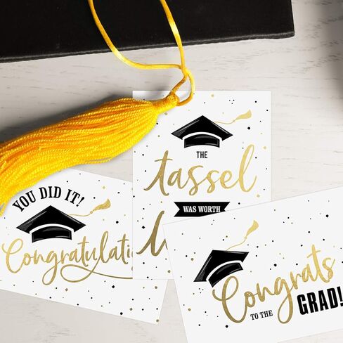 Graduation Cards / 12 Black And Matte Gold Cards With White Envelopes / 4 Black And Faux Gold Graduate Designs / 4 5/8" x 6 1/4" Congrats Grad Greeting Cards/Made In The USA in Kuwait