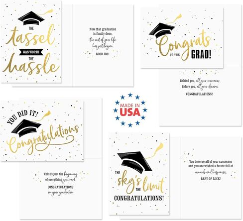 Graduation Cards / 12 Black And Matte Gold Cards With White Envelopes / 4 Black And Faux Gold Graduate Designs / 4 5/8" x 6 1/4" Congrats Grad Greeting Cards/Made In The USA in Kuwait