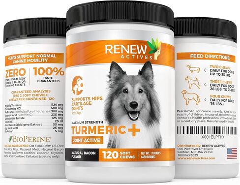 Renew Actives Organic Turmeric Joint Supplement for Dogs - Advanced Canine Support for Hip, Joint & Cartilage Health - Natural Mobility Formula with 120 Chewable Soft Treats in Saudi Arabia