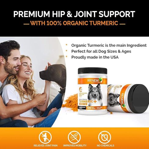 Renew Actives Organic Turmeric Joint Supplement for Dogs - Advanced Canine Support for Hip, Joint & Cartilage Health - Natural Mobility Formula with 120 Chewable Soft Treats in Saudi Arabia