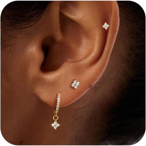3 أزواج من الأقراط الذهبية للنساء العصرية 14K مطلية بالذهب مكعب زركونيا هوب أقراط أنيقة الغضروف هيبوالرجينيك تتدلى Huggie ترصيع الأقراط مجموعة صغيرة خفيفة الوزن الذهب الأطواق القرط هدايا مجوهرات للنساء الفتيات in Kuwait