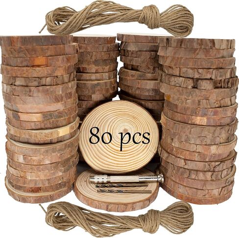 Unfinished Natural Wooden Slices 3.2-4 Inch Wood Circles for Crafts DIY Christmas Ornament Craft Wood Kit with Bit,Blank Round Wood Slice with Bark for Art,Painting,Party (Wood Slices 60 pcs) in Saudi Arabia