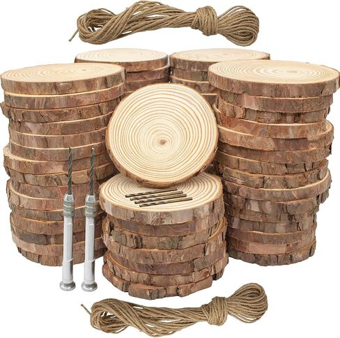 Unfinished Natural Wooden Slices 3.2-4 Inch Wood Circles for Crafts DIY Christmas Ornament Craft Wood Kit with Bit,Blank Round Wood Slice with Bark for Art,Painting,Party (Wood Slices 60 pcs) in Saudi Arabia
