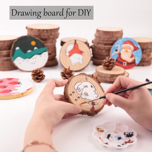 Unfinished Natural Wooden Slices 3.2-4 Inch Wood Circles for Crafts DIY Christmas Ornament Craft Wood Kit with Bit,Blank Round Wood Slice with Bark for Art,Painting,Party (Wood Slices 60 pcs) in Saudi Arabia