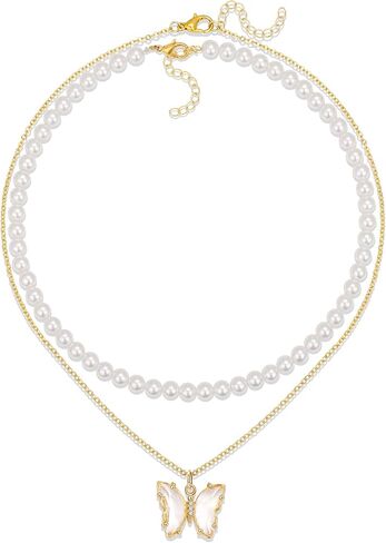 Dainty 18K Gold Pearl Necklace for Women with Butterfly Pendant Minimalist Pearl Layered Choker Necklace Girl Jewelry Gift in Saudi Arabia