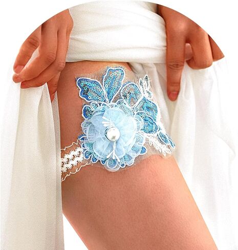 أربطة الفخذ للزفاف، دانتيل زهور زرقاء لامعة، رباط العروس، زهرة اللؤلؤ، شريط مطاطي للعروس (1 قطعة) in Kuwait