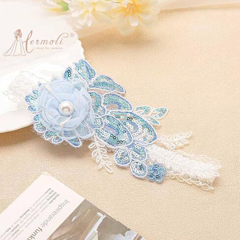 أربطة الفخذ للزفاف، دانتيل زهور زرقاء لامعة، رباط العروس، زهرة اللؤلؤ، شريط مطاطي للعروس (1 قطعة) in Kuwait