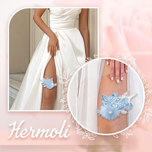أربطة الفخذ للزفاف، دانتيل زهور زرقاء لامعة، رباط العروس، زهرة اللؤلؤ، شريط مطاطي للعروس (1 قطعة) in Kuwait