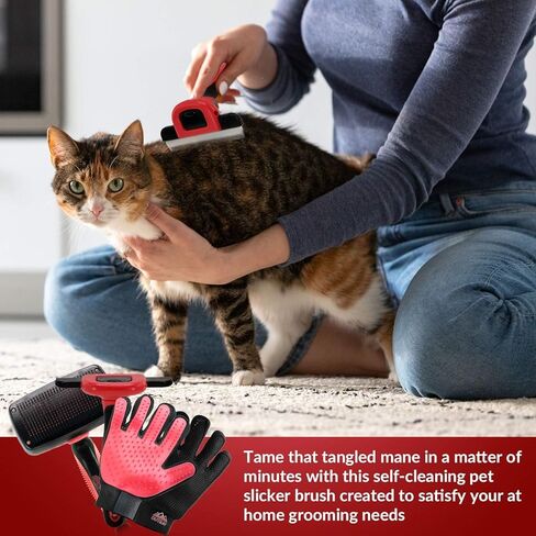 Dog Grooming Kit | Shedding Brush Dog Hair | Self Cleaning Slicker Brush for Dogs & Cats | Pro Grooming Dog Brush Effectively Reduces Shedding Fur | Pet Hair Remover Brush Gloves | Dog Brush Set in Kuwait