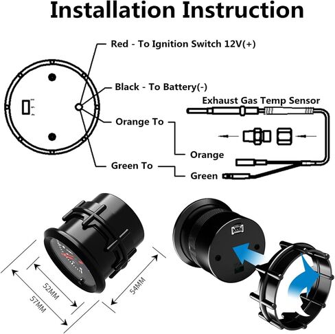Qiilu Pyrometer Exhaust Gas Temperature EGT Gauge Kit, 7 Color 300-1300 Celsius Pyrometer Kit 2-1/16" 52mm with Sensor Black Dial Universal for Car Vehicle Automotive in Saudi Arabia