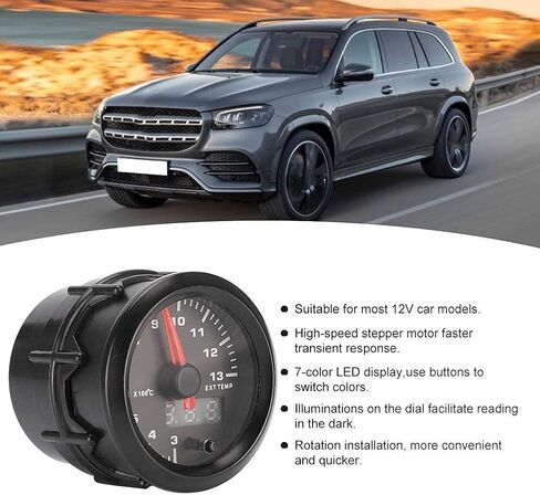 Qiilu Pyrometer Exhaust Gas Temperature EGT Gauge Kit, 7 Color 300-1300 Celsius Pyrometer Kit 2-1/16" 52mm with Sensor Black Dial Universal for Car Vehicle Automotive in Saudi Arabia