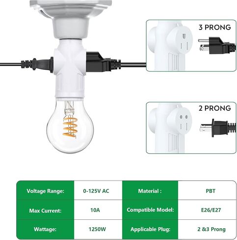 Lamp/Light Bulb Adapter, Black, E26/E27 to 2/3 Prong Plug Splitter for Indoor/Outdoor Use in Saudi Arabia