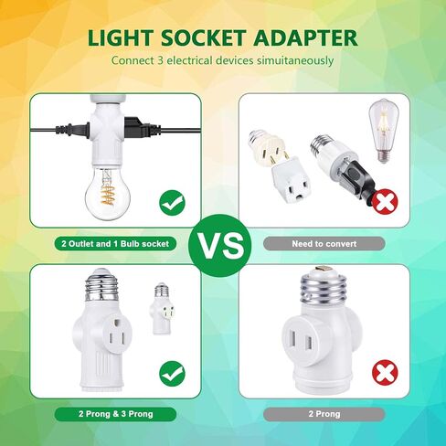 Lamp/Light Bulb Adapter, Black, E26/E27 to 2/3 Prong Plug Splitter for Indoor/Outdoor Use in Saudi Arabia