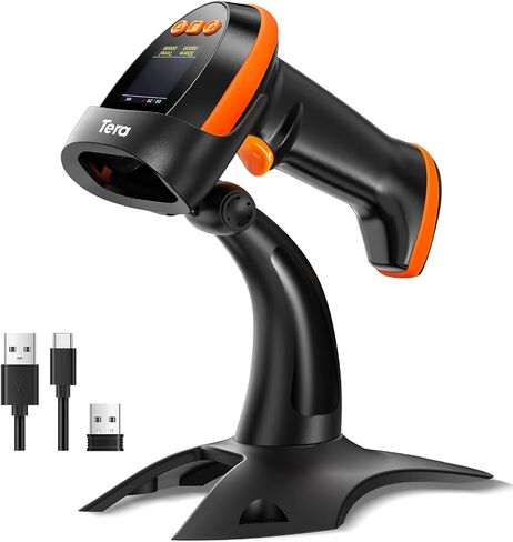 Tera Barcode Scanner Wireless 2D مع حامل: إصدار Pro، لوحة مفاتيح شاشة الإعداد الرقمي تعمل مع بلوتوث 2.4G لاسلكي USB سلكي، سرعة مسح ضوئي فائقة السرعة، قارئ الرمز الشريطي المحمول HW0009-Z in Saudi Arabia