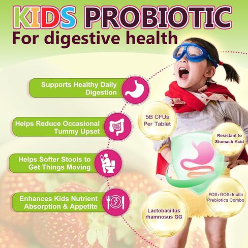 Kids Probiotic Chewable, 5 Billion CFUs Probiotics + Prebiotics For Kids Ages 3+, Kid Daily Probiotics For Digestive Health, Immune Support & Appetite Booster, Natural Strawberry Flavor, 75 Servings in Saudi Arabia