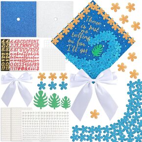 106 Pcs Ocean DIY Graduation Cap Decorations Kit White Bow Rhinestone Gem Stickers Artificial Hawaii Monstera Leaves Sequined Appliques for Blue White Under the Sea Grad Hat Topper Graduation Party in Kuwait