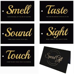 5 Senses Gift Tags Set - Five Senses Card for Him - Anniversary, Valentine's Day, Birthday - Black with Gold Letters - 5 Tags + 1 Greeting Card（speaicd Gift） in Saudi Arabia