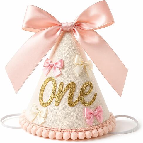 1st Birthday Hat for Baby Girl, Soft Pink Princess Style with Handcrafted Satin Bow & Glitter “One" Patch in Saudi Arabia
