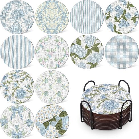 Ferrochef 12 Pcs Blue Floral Hydrangea Diamond Art Coasters Kit, 5D DIY Diamond Coasters Crafts with Tool Kit, Non Slip Cork Coaster for Women Blue Coquette Aesthetic Bow Printed Gift in Kuwait