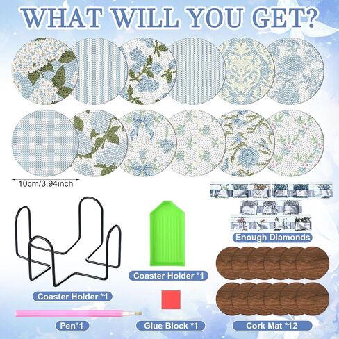 Ferrochef 12 Pcs Blue Floral Hydrangea Diamond Art Coasters Kit, 5D DIY Diamond Coasters Crafts with Tool Kit, Non Slip Cork Coaster for Women Blue Coquette Aesthetic Bow Printed Gift in Kuwait