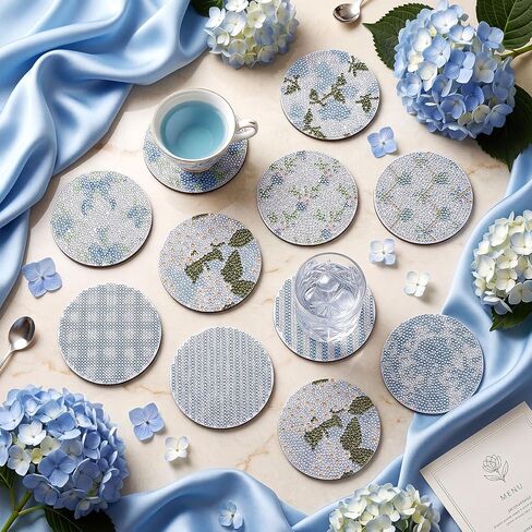 Ferrochef 12 Pcs Blue Floral Hydrangea Diamond Art Coasters Kit, 5D DIY Diamond Coasters Crafts with Tool Kit, Non Slip Cork Coaster for Women Blue Coquette Aesthetic Bow Printed Gift in Kuwait