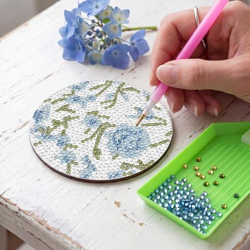 Ferrochef 12 Pcs Blue Floral Hydrangea Diamond Art Coasters Kit, 5D DIY Diamond Coasters Crafts with Tool Kit, Non Slip Cork Coaster for Women Blue Coquette Aesthetic Bow Printed Gift in Kuwait