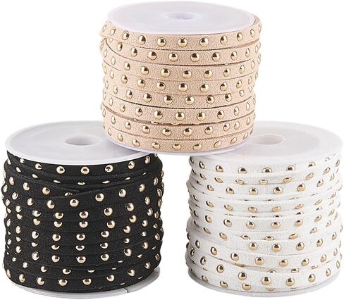 16.4 Yards 3 Colors Studded Flat Ribbon Strips Trim Microfiber Faux Suede Cord String Leather Lace Beading Rope Thread with Punk Rivets for Jewelry Making Bracelet DIY Craft in Kuwait