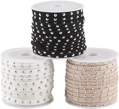 16.4 Yards 3 Colors Studded Flat Ribbon Strips Trim Microfiber Faux Suede Cord String Leather Lace Beading Rope Thread with Punk Rivets for Jewelry Making Bracelet DIY Craft in Kuwait