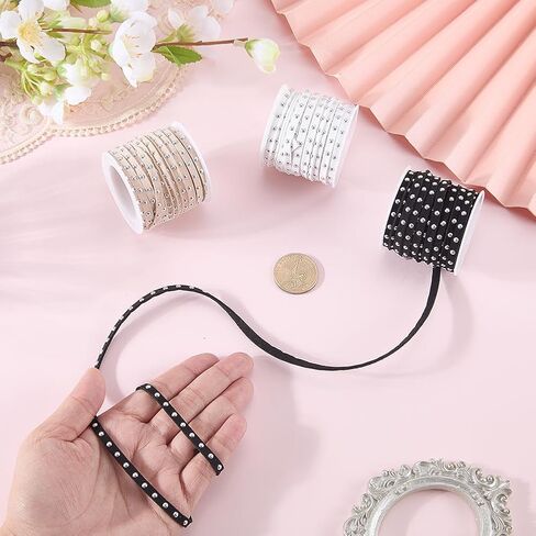 16.4 Yards 3 Colors Studded Flat Ribbon Strips Trim Microfiber Faux Suede Cord String Leather Lace Beading Rope Thread with Punk Rivets for Jewelry Making Bracelet DIY Craft in Kuwait