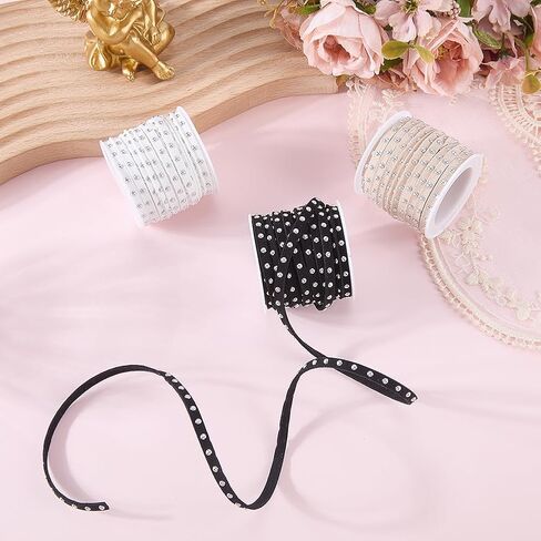 16.4 Yards 3 Colors Studded Flat Ribbon Strips Trim Microfiber Faux Suede Cord String Leather Lace Beading Rope Thread with Punk Rivets for Jewelry Making Bracelet DIY Craft in Kuwait