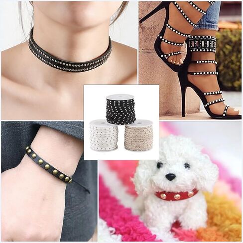 16.4 Yards 3 Colors Studded Flat Ribbon Strips Trim Microfiber Faux Suede Cord String Leather Lace Beading Rope Thread with Punk Rivets for Jewelry Making Bracelet DIY Craft in Kuwait