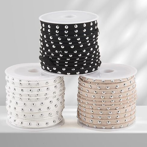 16.4 Yards 3 Colors Studded Flat Ribbon Strips Trim Microfiber Faux Suede Cord String Leather Lace Beading Rope Thread with Punk Rivets for Jewelry Making Bracelet DIY Craft in Kuwait