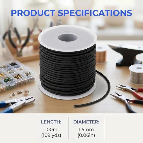1.5mm Stretchy Elastic Cord for Bracelets, 110 Yards Black Nylon Cord for Beading, Wind Chime, Necklace & DIY Jewelry Making in Kuwait