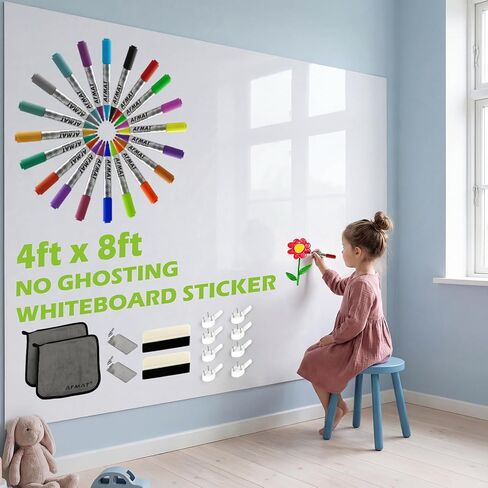 AFMAT Whiteboard Sticker for Wall, 4x8ft White Board Paper, Super Sticky Dry Erase Wallpaper, Peel and Stick Dry Erase Board with 20 Markers, No Ghosting Whiteboard Paper for Home Office Classroom in Kuwait