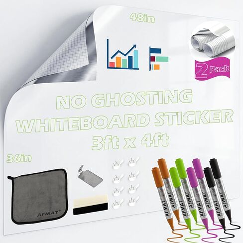 AFMAT Whiteboard Sticker for Wall, 4x8ft White Board Paper, Super Sticky Dry Erase Wallpaper, Peel and Stick Dry Erase Board with 20 Markers, No Ghosting Whiteboard Paper for Home Office Classroom in Kuwait