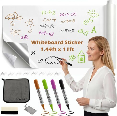 AFMAT Whiteboard Sticker for Wall, 4x8ft White Board Paper, Super Sticky Dry Erase Wallpaper, Peel and Stick Dry Erase Board with 20 Markers, No Ghosting Whiteboard Paper for Home Office Classroom in Kuwait