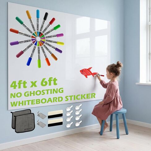 AFMAT Whiteboard Sticker for Wall, 4x8ft White Board Paper, Super Sticky Dry Erase Wallpaper, Peel and Stick Dry Erase Board with 20 Markers, No Ghosting Whiteboard Paper for Home Office Classroom in Kuwait