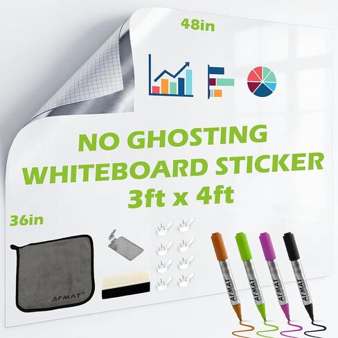 AFMAT Whiteboard Sticker for Wall, 4x8ft White Board Paper, Super Sticky Dry Erase Wallpaper, Peel and Stick Dry Erase Board with 20 Markers, No Ghosting Whiteboard Paper for Home Office Classroom in Kuwait