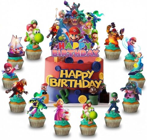 13Pcs Cute Mario Happy Birthday Cake Toppers Set with 12Pcs Cupcake Toppers, 1Pcs Happy Birthday Cake Topper, Cartoon Themed Birthday Party Supplies for Girls and Boys in Saudi Arabia