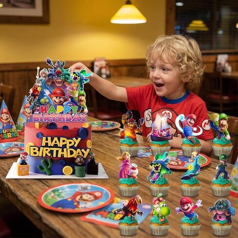 13Pcs Cute Mario Happy Birthday Cake Toppers Set with 12Pcs Cupcake Toppers, 1Pcs Happy Birthday Cake Topper, Cartoon Themed Birthday Party Supplies for Girls and Boys in Saudi Arabia